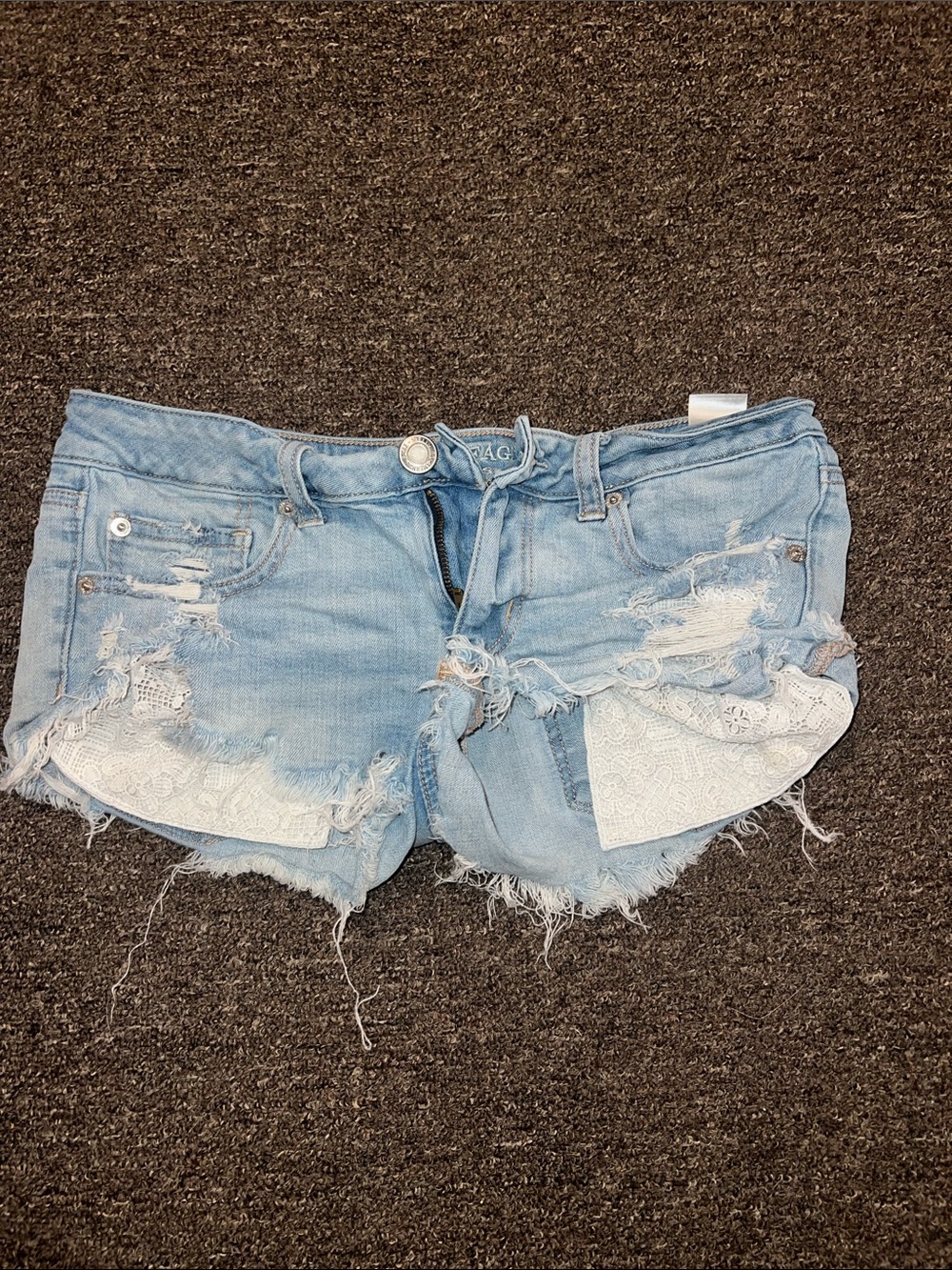 American Eagle Outfitters Light Blue Distressed Lace-Panel Denim Shorts